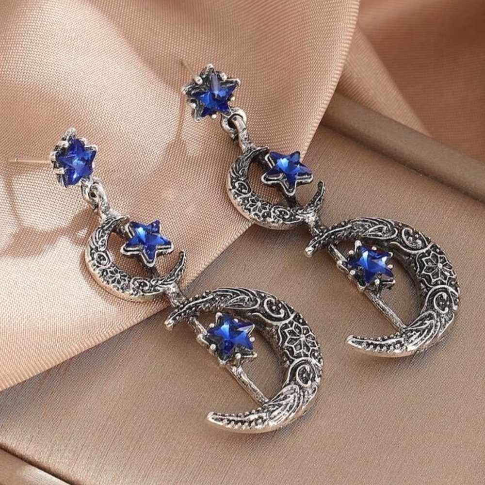 Celestial Blue Rhinestones Crescent Moon & Star Silver tone Long Earrings